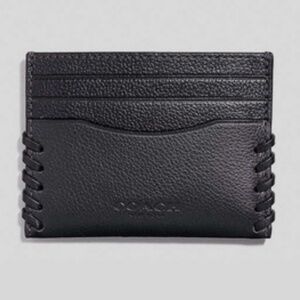 NEW COACH Men Slim Card Case Holder Baseball Stitch F22370 Leather Black